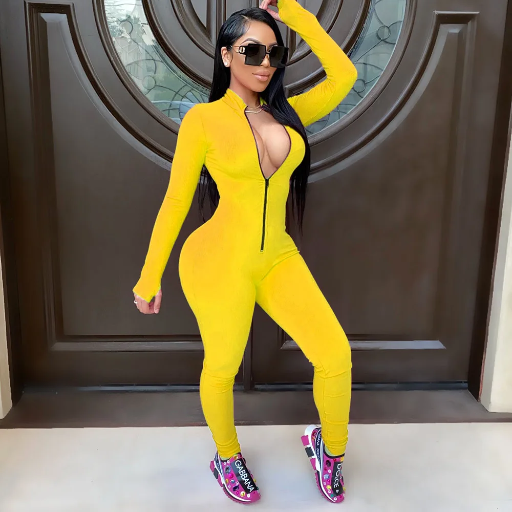 

Sexy Solid Color Long Sleeve Deep V Bodycon Rompers Womens Jumpsuit Sport Suit Fashion Zip Up Long Pants Overalls Fitness Set