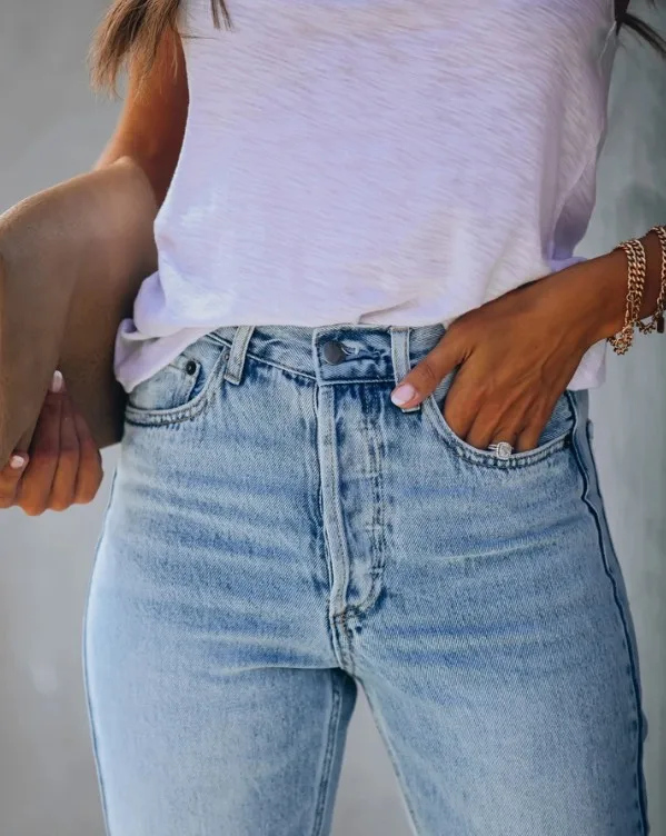 

High Waist Ripped Jeans Ankle Length Pants Light Blue