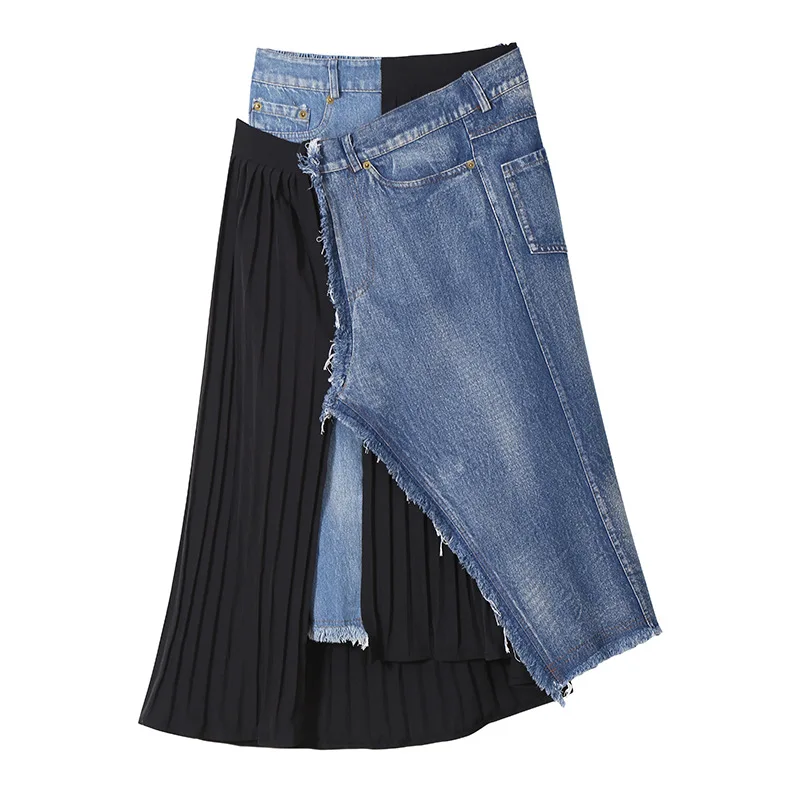 

Denim Skirt 2021 New Style Korean-Style Women's Wear High Waist Denim Skirt Stitching Irregular Pleated Skirt Summer