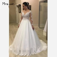mrs win wedding dress v neck long sleeve elegant weddding dresses plus size lace beading train bow vestido de novia hr007