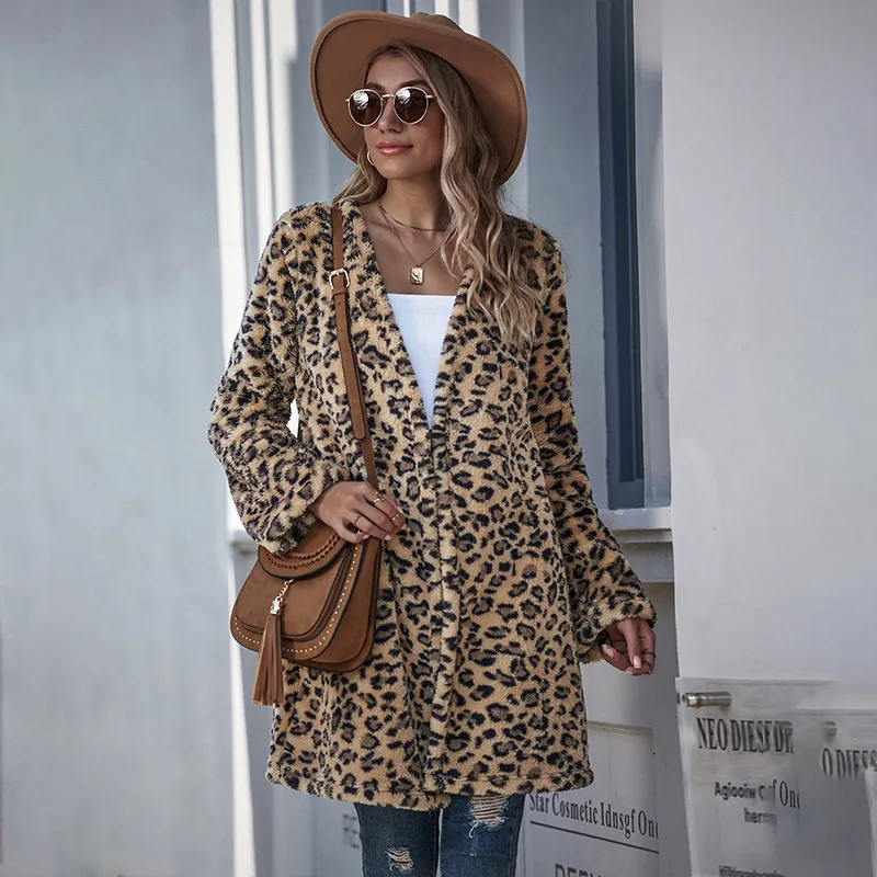 

Женское леопардовое пальто, Длинный Облегающий кардиган с V-образным вырезом и открытым стежком, повседневный жакет с длинными рукавами, зи...