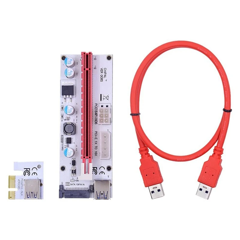 

5 шт., Райзер-карта VER008S PCI-E 008S PCIe 1X к 16X, адаптер, 4 контакта, 6 контактов SATA, кабель питания USB 3,0 для майнинга биткоинов