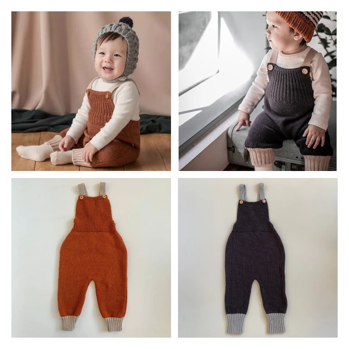 

In Stock2021 Autumn and Winter New Boys and Girls Pants Soft Merino Wool Blend Contrast Color Protection Belly Overalls