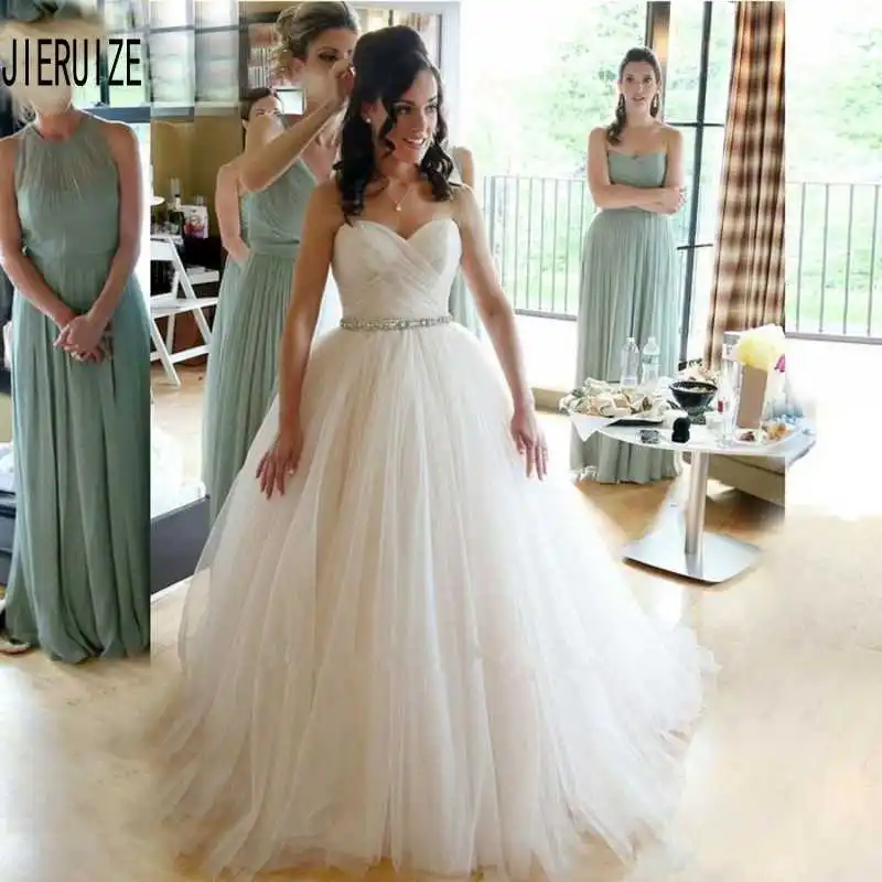 

JIERUIZE New Pleat Tulle Wedding Dresses Sweetheart Neck Backless Crystal Sashes Simple Boho Bridal Dresses Vestido De Noiva