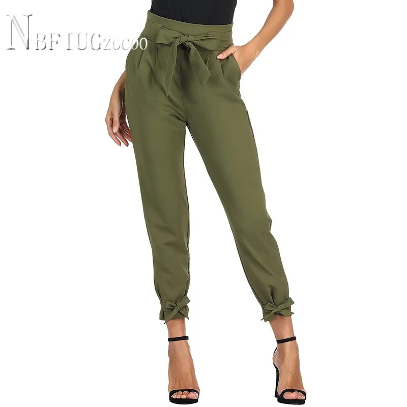 

Women Casual Pencil Pants Bowknot Waist Strap Pocket Female Trousers