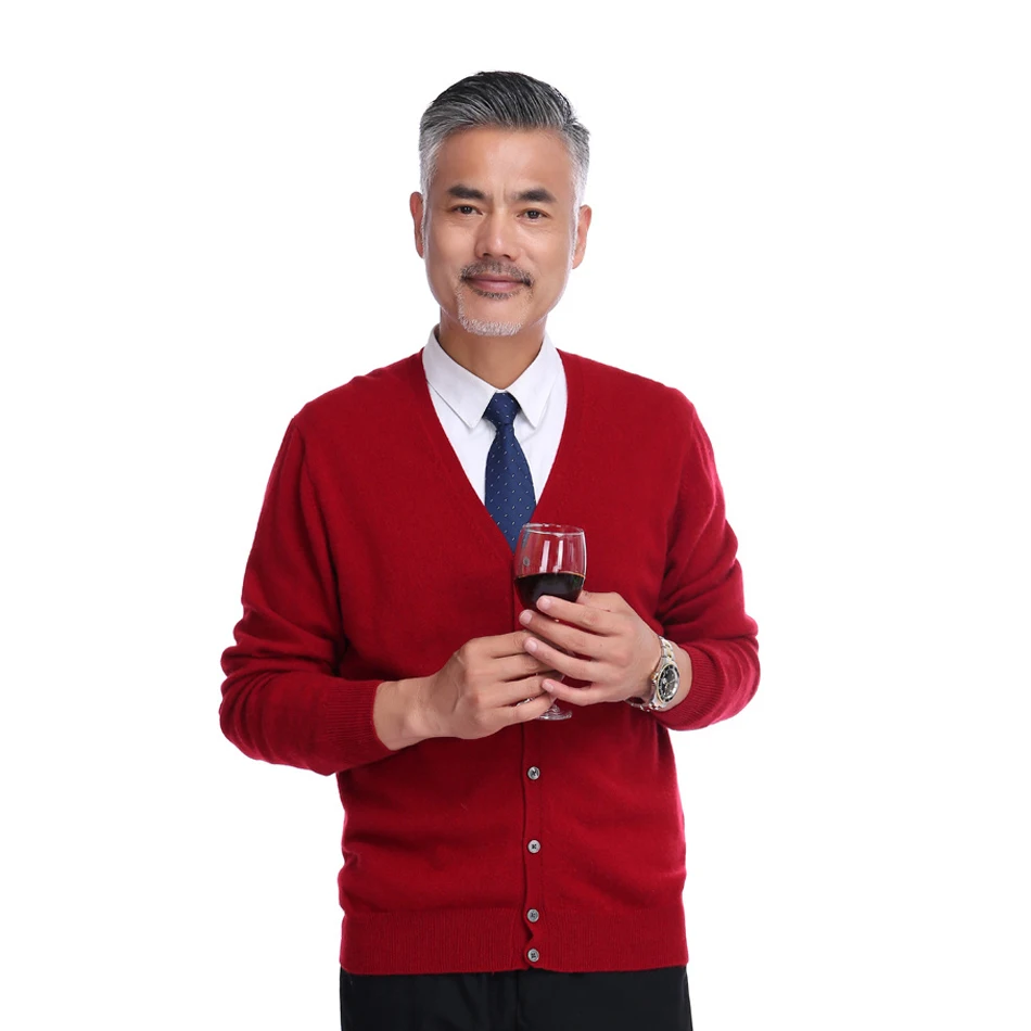 YJMY Inner Mongolian Cashmere Cardigan Men V-neck Button Ribbed Cuffs Hem Knit Spring Autumn Sweater in Slava Store - Цвет: Red