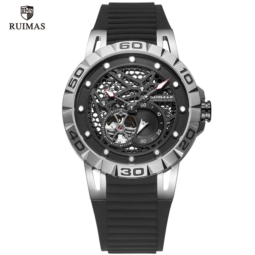 RN6772G-Silver black RUIMAS Роскошные Кварцевые часы со скелетом мужские силиконовый ремешок Военные Спортивные наручные часы мужские водонепроницаемые часы мужские часы Relogios Masculino 6772 - Цвет: RN6772G-Silver black