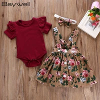 baywell summer baby girl clothes set short sleeve flare romperfloral print dress bow headband infant girls clothing outfit