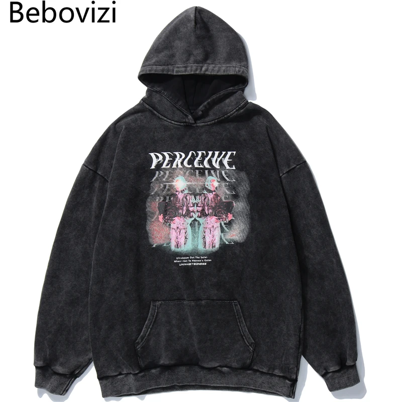 

Bebovizi Streetwear Perceived Print Washed Hoodie Men Hip Hop Harajuku Oversized Hoodie Sweatshirt Pullover Autumn Cotton Black