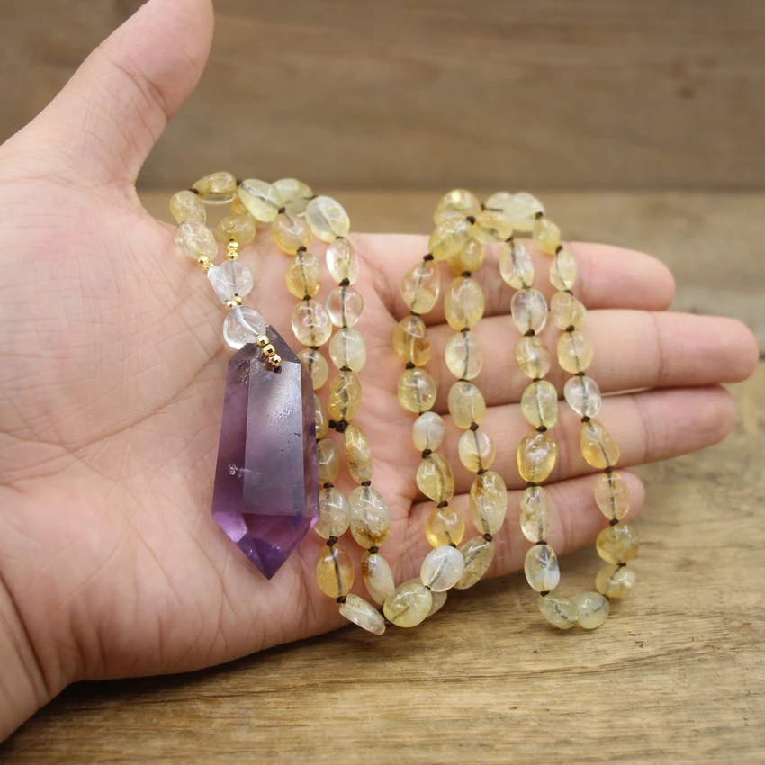 Faceted Amethysts Double Point Pendant Knotted Handmade Necklace Raw Citrines Yellow Quartz Bead Yoga Mala Prayer Jewelry,QC0144