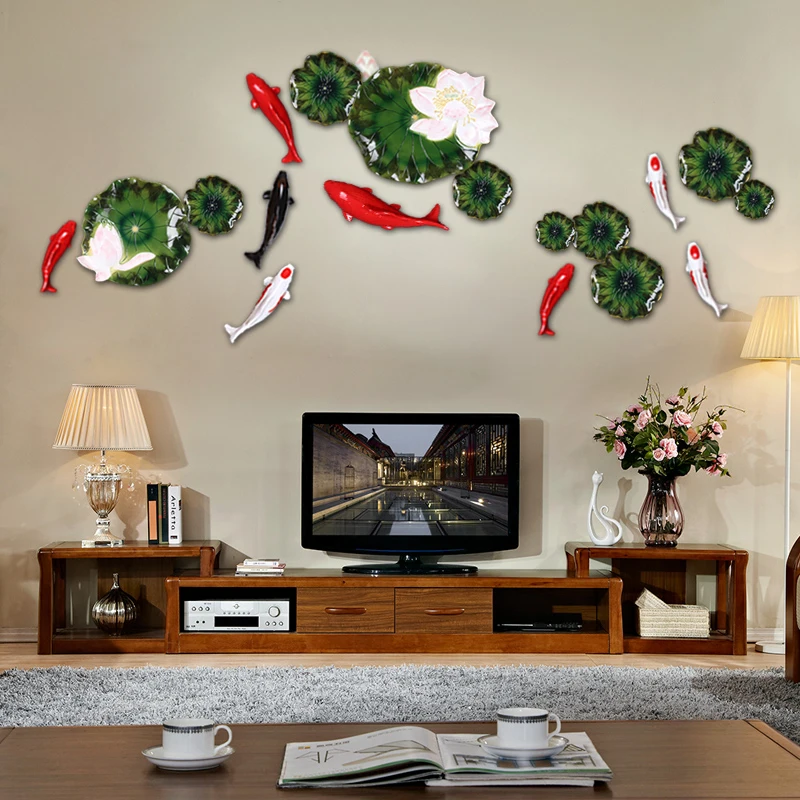 Китайский Стиль смолы 3D рыба из листьев лотоса стене висит украшения отеле