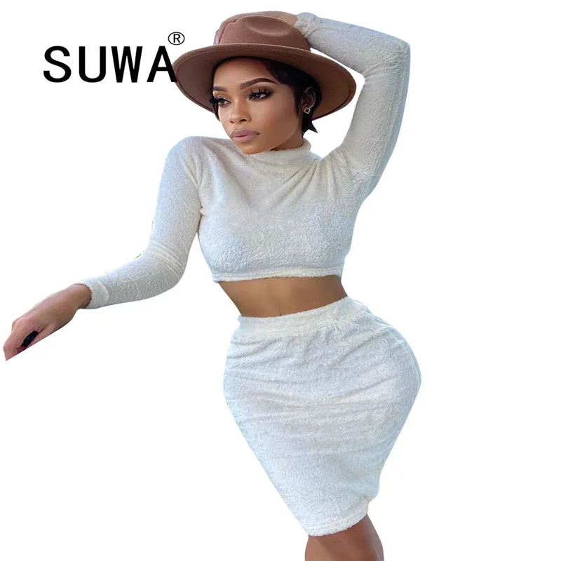 

Autumn Winter Women Solid Fleece 2 Two Piece Skirt Sets Full Sleeve Warm Crop Top and Bandage Mini Skirt Suit Female Tracksuits
