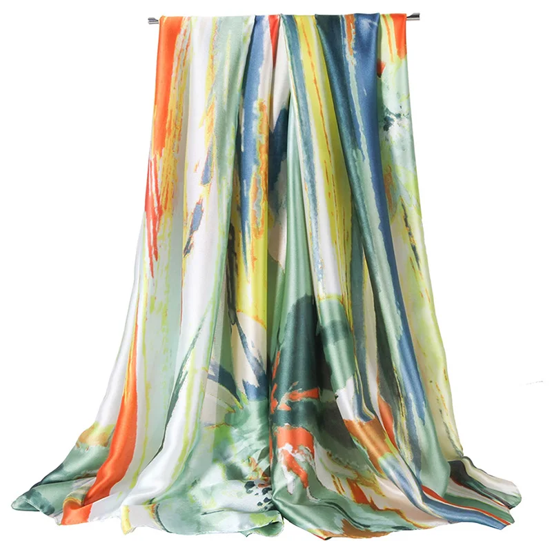 

2021 Women Imitation Silk Scarf Big Flower Stripe Print Shawls Lady Soft Wraps Female Elegant Headscarf 180x90cm