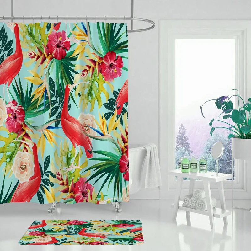 Фламинго завод занавеска для душа бамбук водонепроницаемый зеленый душ пейзаж