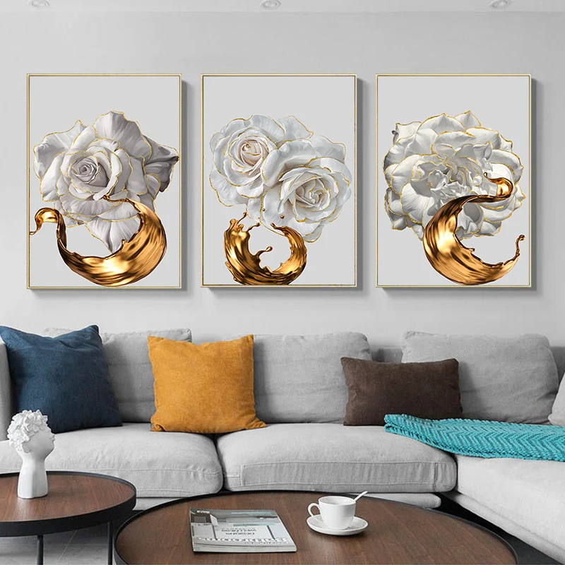 

White Rose Golden Ink Wall Art Poster Prints Morden Aesthetic Luxury Flowers Nordic Canvas Paintings Pictures Living Room Decor