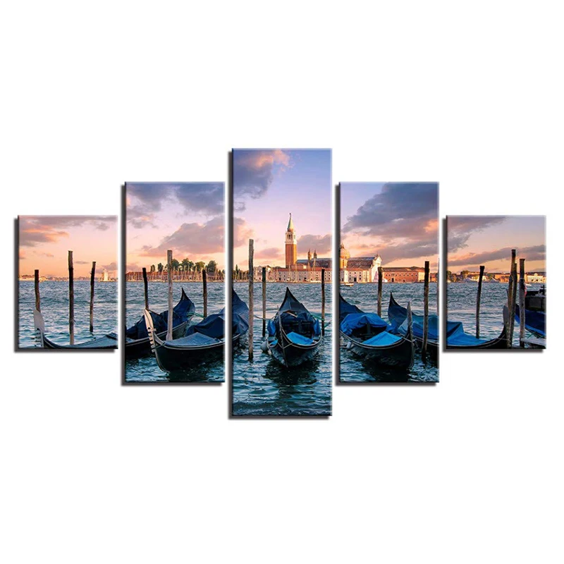 

Home Decoration Painting 5Pcs Boat Sea View Seaside City Modular Canvas Painting Sunset View Living Room Bedroom Wall Decoration