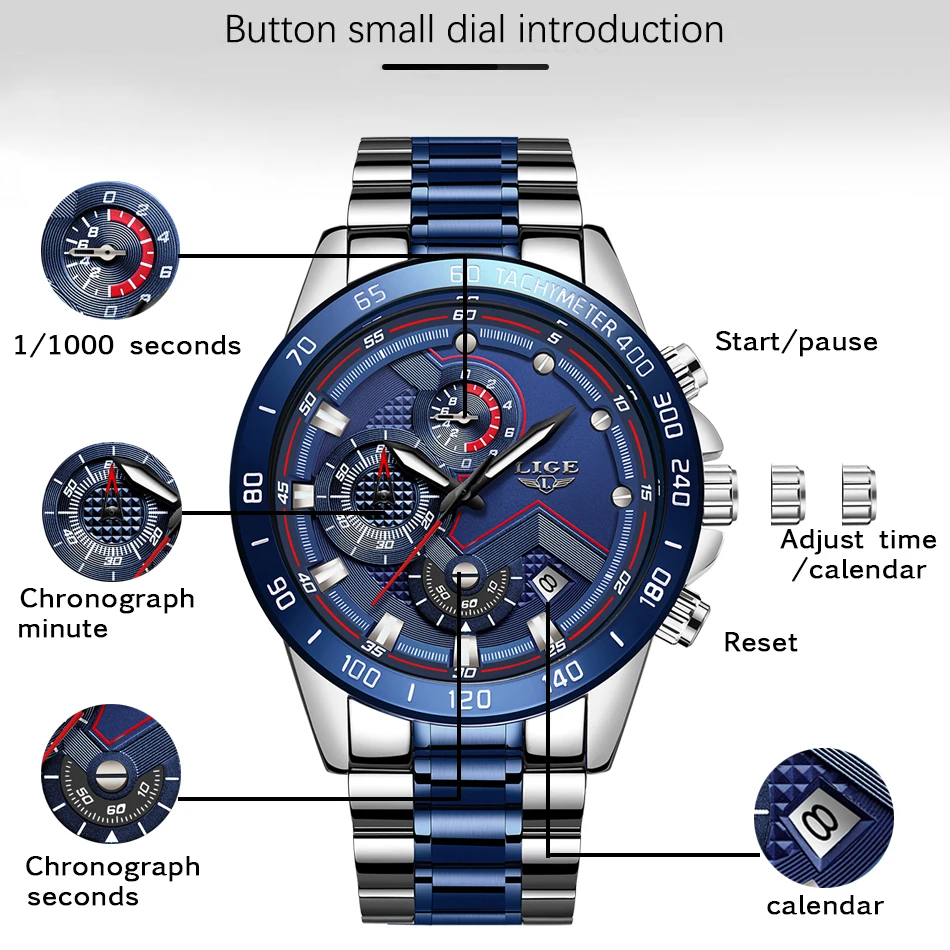 LIGE мужские часы Топ бренд большой циферблат спортивные s Роскошные Кварцевые