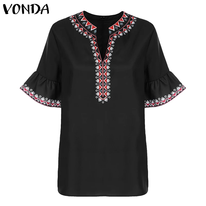 VONDA/Винтажные рубашки с коротким рукавом женские блузки летние сексуальные с v-образным вырезом Печатные Туники Повседневная Женская свободного покроя офисные топы и блузки