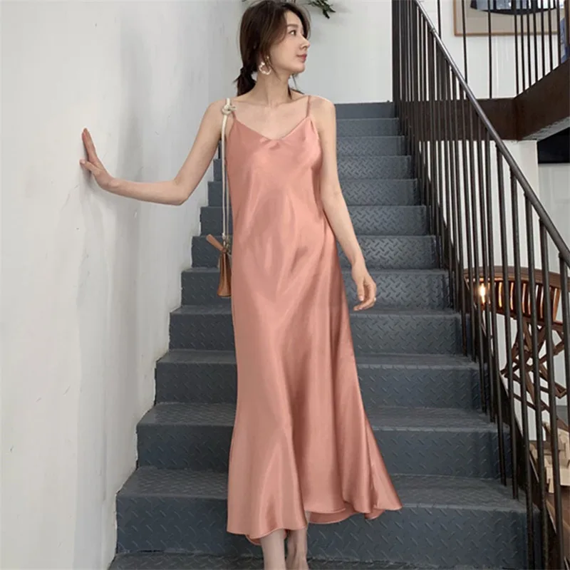 

Limiguyue Chic Summer Women Long Satin Slip Dress Spaghetti Strap Dresses Vintage Pink Black Sexy Solid A-line Vestidos K2231