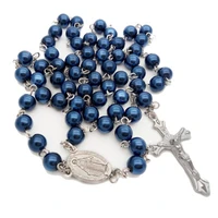 fashion blue pearl rosary beads necklace catholic christian cross pendant ornament prayer bead jewelry accessories