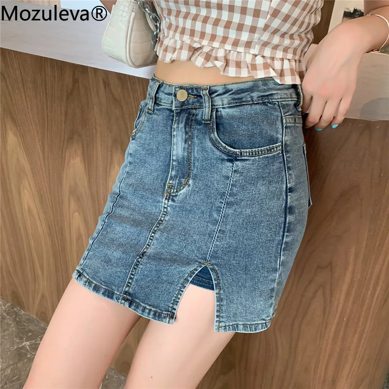 

Mozuleva 2020 Summer Small Open Fork High Elastic Waist Hip Bust Denim Skirts Above Knee, Mini Button Solid Blue woman Jeans