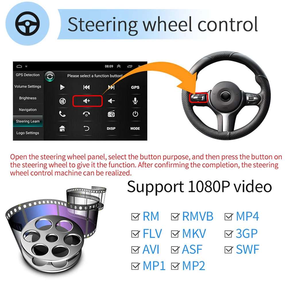 

Podofo Car Multimedia Player Android 9.0 2Din GPS Stereo Receiver 8'' HD Tempered Glass Mirror Suppport DVR For For Volkswagen