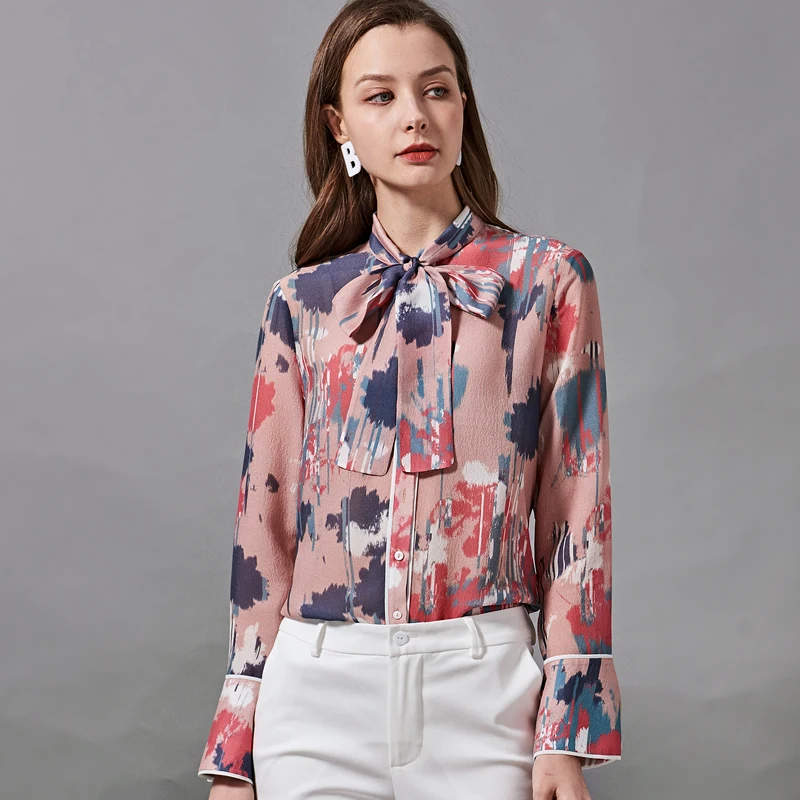 

100% Шелковая женская рубашка с бантом на воротнике, модная Повседневная Блузка с принтом и шнуровкой, топы