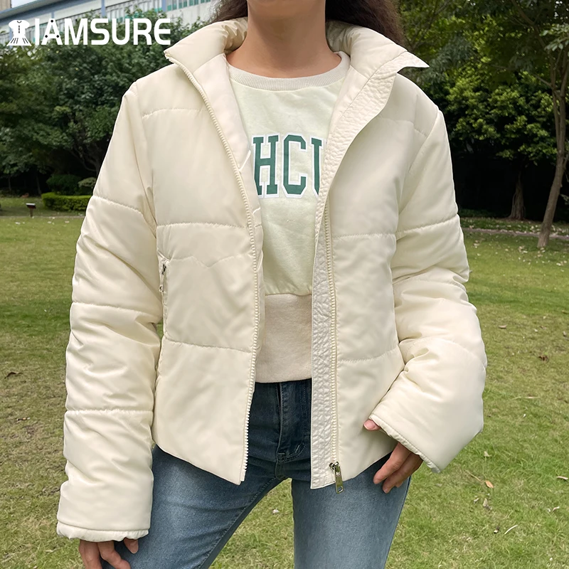

IAMSURE Casual Solid Basic Cotton-Padded Coat Warm Winter Long Sleeve Turn-Down Collar Zipper Thick Outerwear Women 2021 Fashion