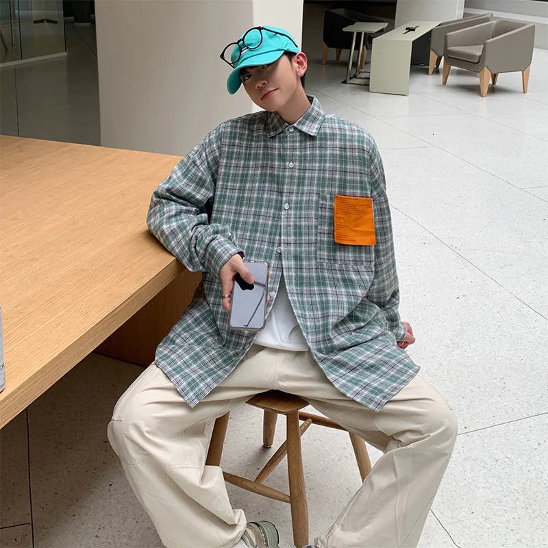 

Plaid Shirts Long Sleeve Loose Loose All-match Casual Jacket Hit Color Pocket Japanese Trend Top Male Clothes Spring Autumn