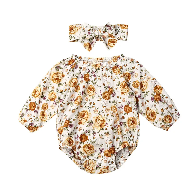 Flowers Cute Outfits Overalls Fashion Lovely Newborn Baby Girl Fall Spring Clothes Floral Bodysuit Jumpsuit Headband Set | Детская