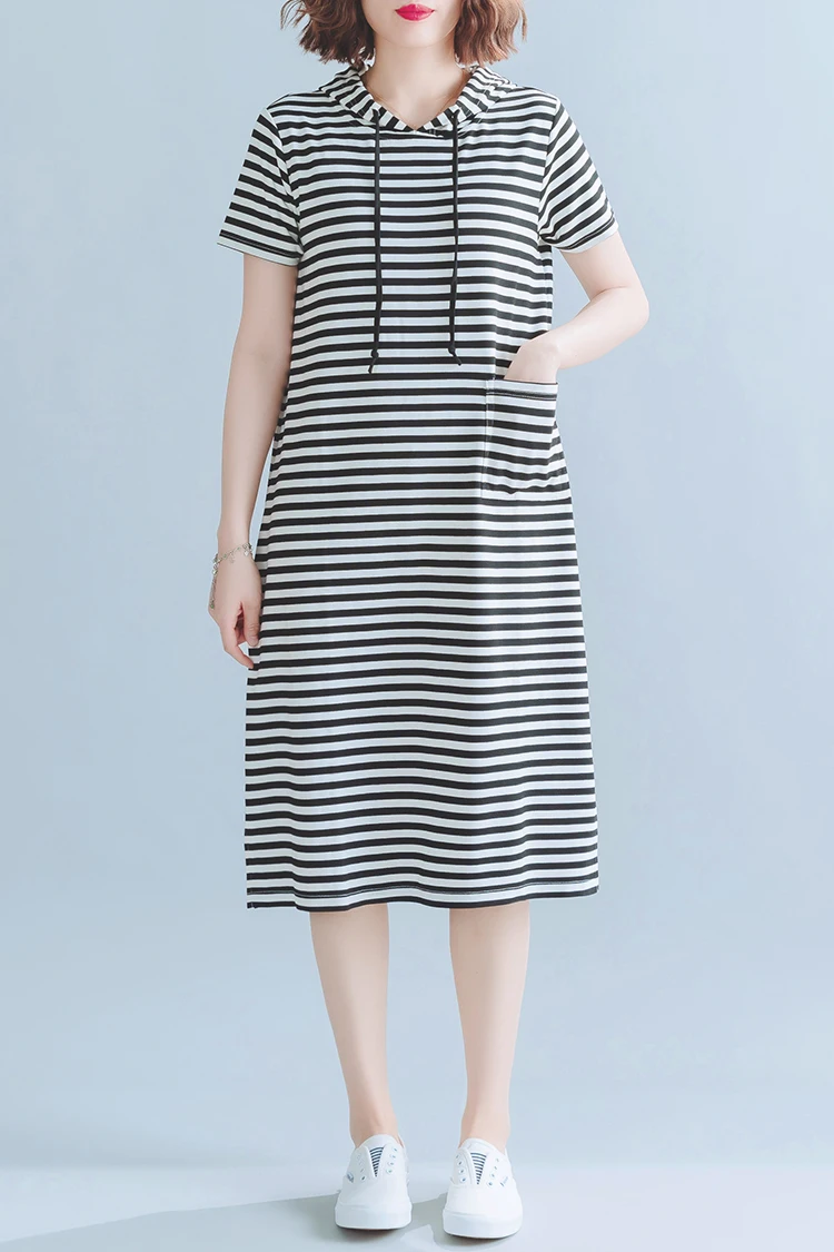 Женское Хлопковое платье в полоску с коротким рукавом и круглым вырезом | Женская