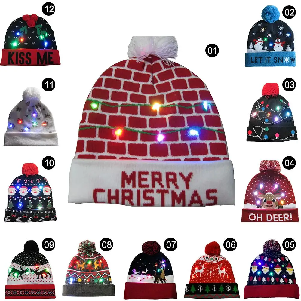 

LED Knitted Christmas Hat Beanie Light Up Warm Hat Santa Elk Hat For Kids Adults New Year Christmas Party Decor Gift Dropship