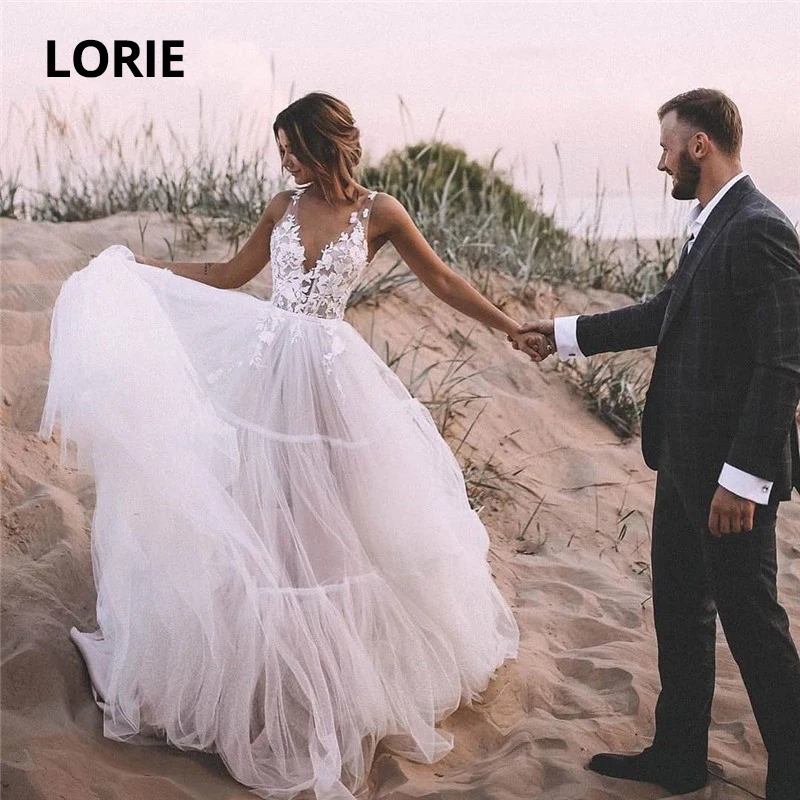 

LORIE A-line Lace Appliqued Wedding Dress Soft Tulle V-neck Beach Boho Bride Gowns Illusion Sleeveless Princess Bridal Dresses