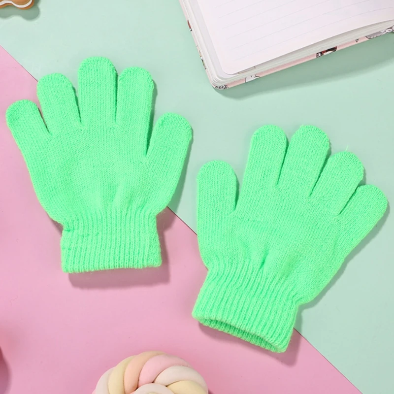 

6 Pairs Children Kids Winter Knitted Full Finger Gloves Student Neon Solid Color Outdoor Cycling Warm Magic Mittens