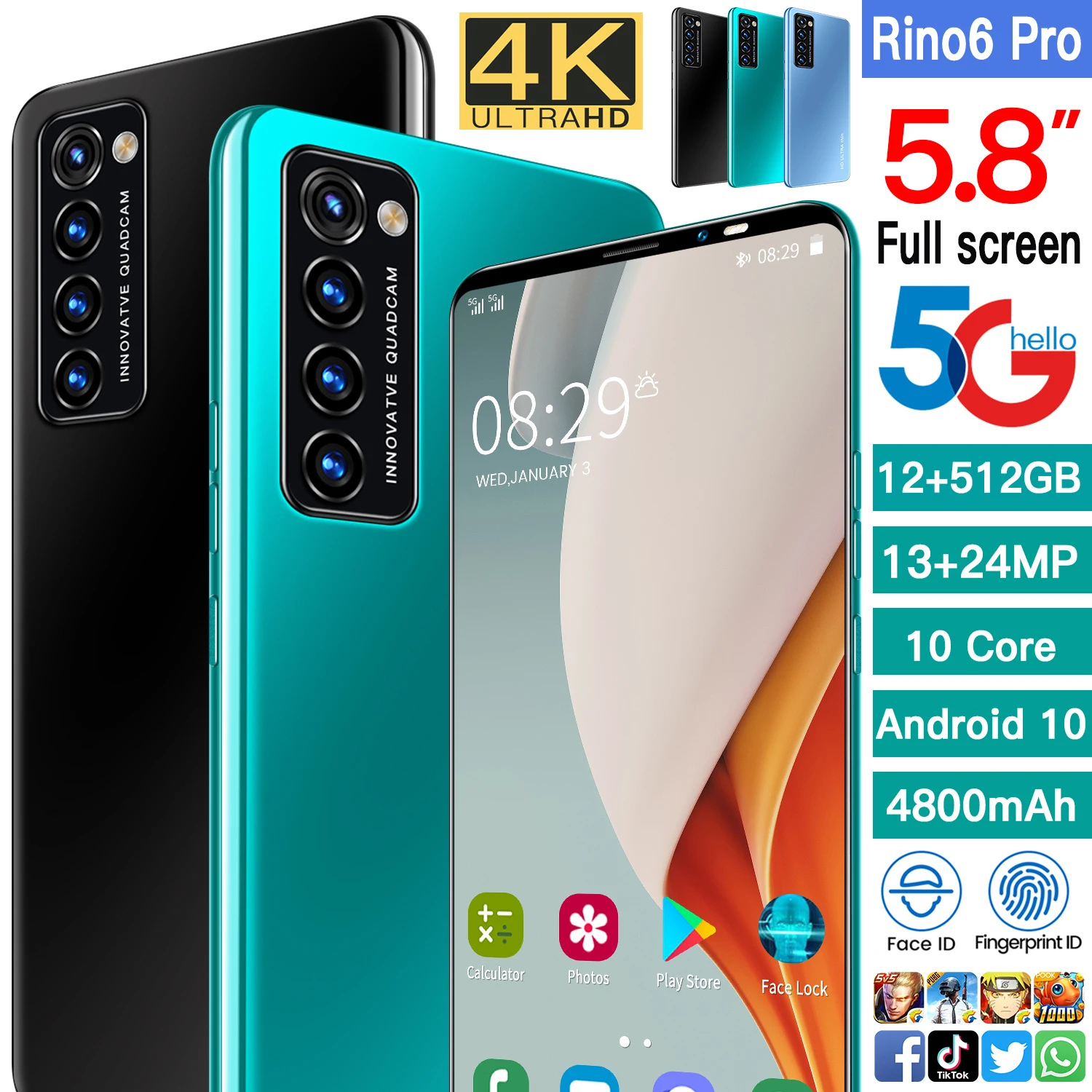 

2021 Rino6 Pro Global Version Smartphone 5.8 Inch Android 10 4800mah 10 Core 12GB 512GB 13MP 24MP 5G Face Unlocked Mobile Phone