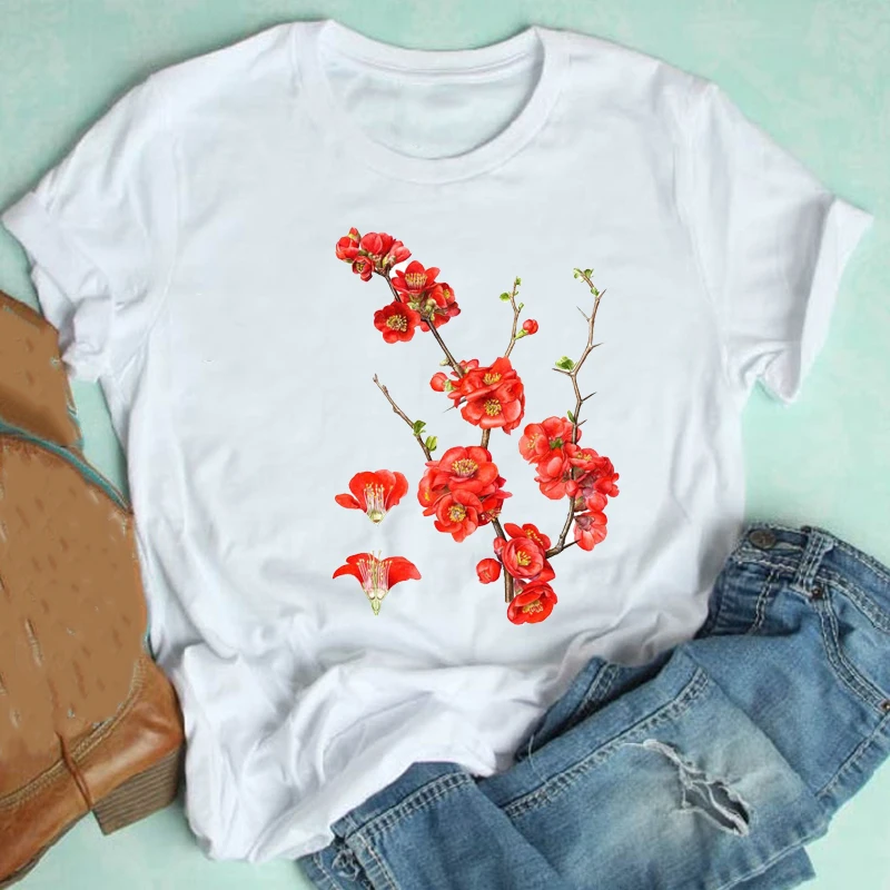 

Women Short Sleeve Floral Flower Spring Summer Elegant 90s Valentine Clothes Print Tshirt Female Tee Top Graphic T-shirt