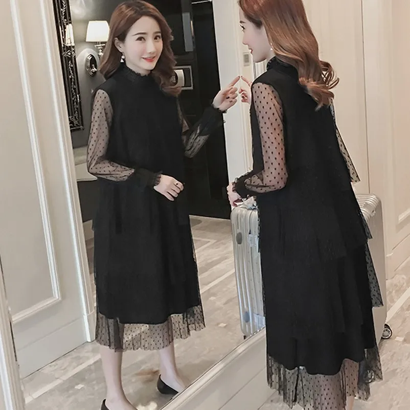 Осеннее Сетчатое платье Одежда для беременных женщин новое корейское элегантное