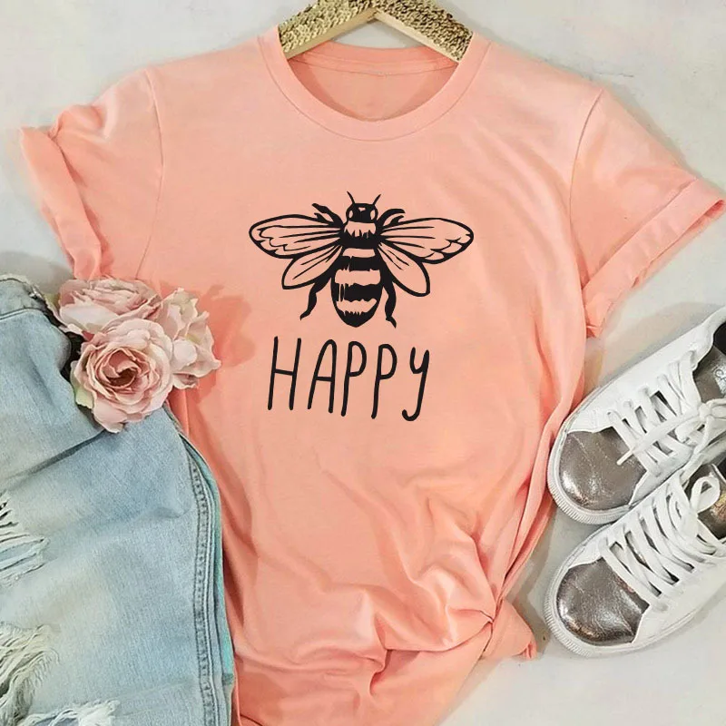 Camiseta de verano talla grande para mujer algodón con cuello redondo y estampado abeja camisetas manga c|Футболки| |