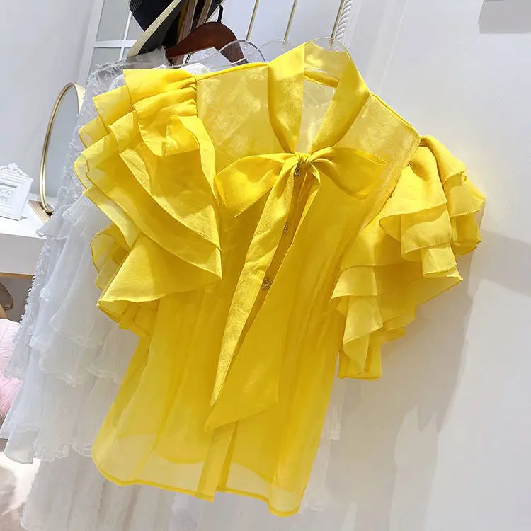 

Women's 2021 Summer Elegant Layered Ruffles Sleeve Bow Collar Blouse Office Lady Designer Vintage Slim Shirt Top For Women