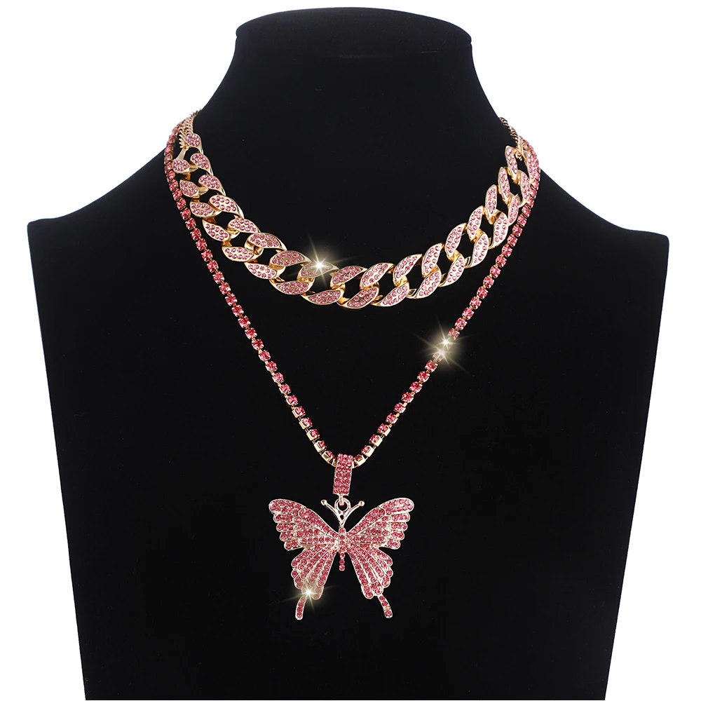 

Iced Out Butterfly Necklace Set Cuban Link Chain Choker Necklace Gifts for Women Butterfly Chains Bling Hip Hop Pendant Jewelry