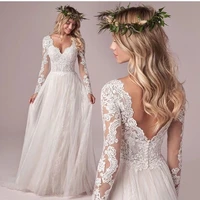 gorgeous v neck long sleeve ivory sweep train lace illusion a line lace open back wedding dress bride gown vestidos de novia