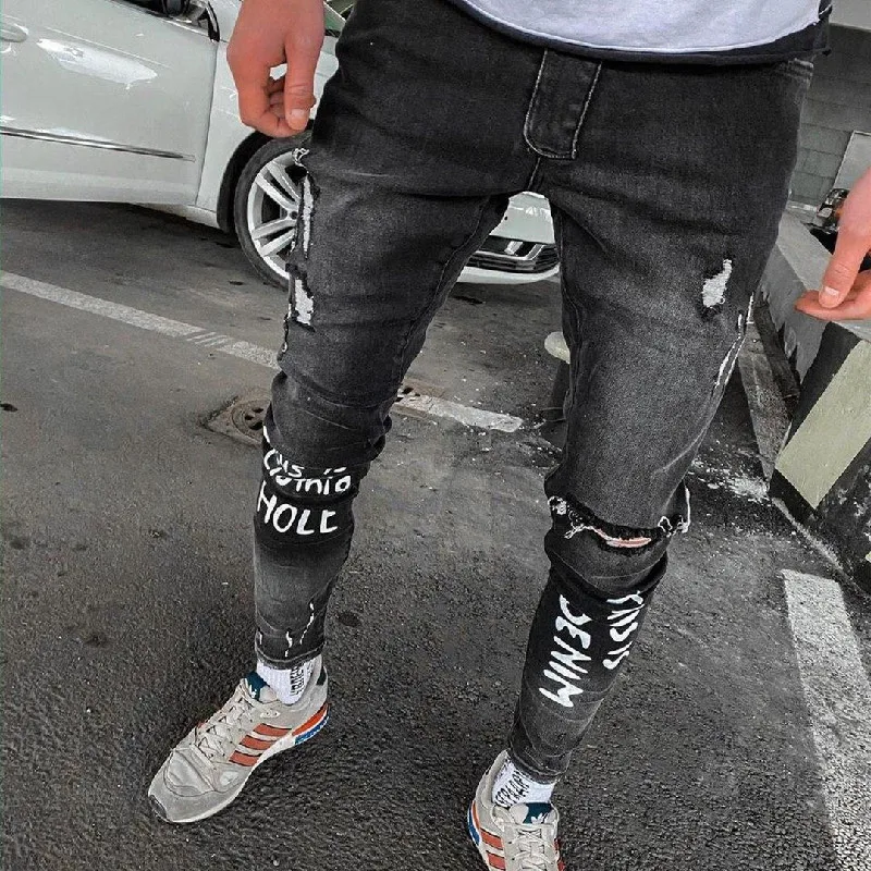 New Fashion Men Jeans Letter Print Worn Hole Elastic Slim Mens Denim Pants Pencil Pants Boyfriend Jeans 90s Denim Jeans for Men