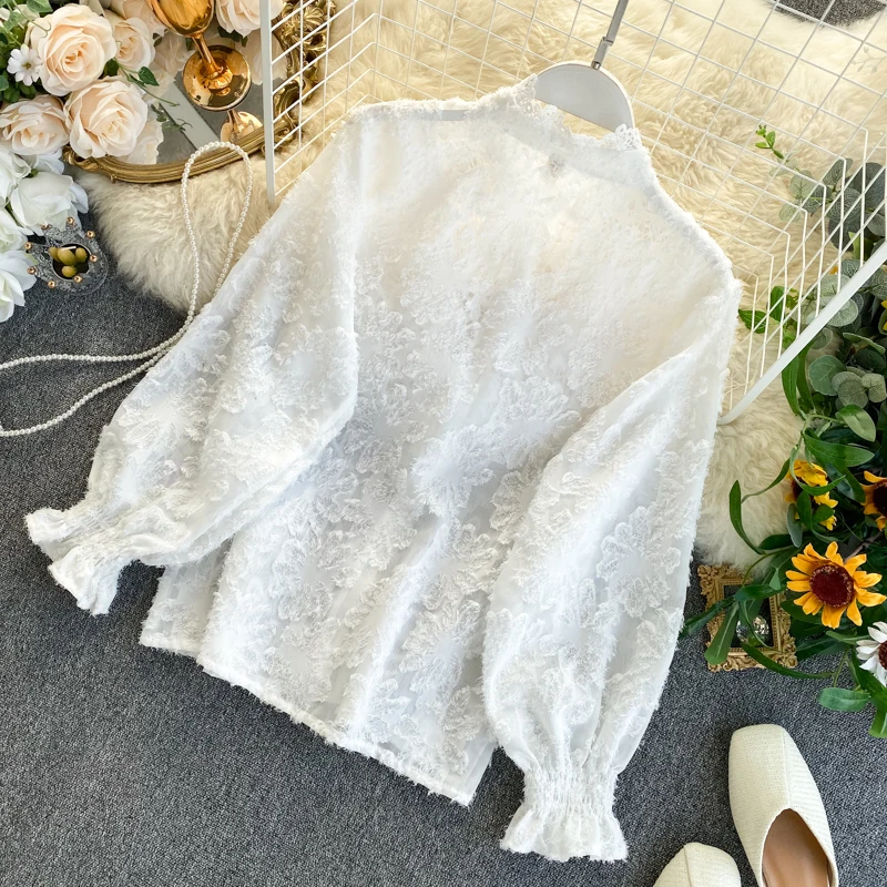 

Stand Collar Lace Hook Flower Lace Blouse Elegant Puff Long Sleeve Single Breast Blusas Autumn Spring Slim Shirt Tops