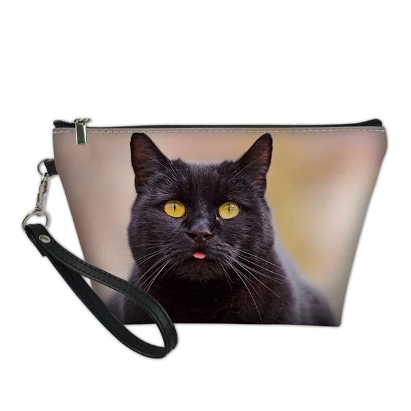 

Women Cosmetic Bags Girls Make Up Bags Black Cats Print Pattern Lady Travel Bags Kawaii PU Leather Toiletry Pouches