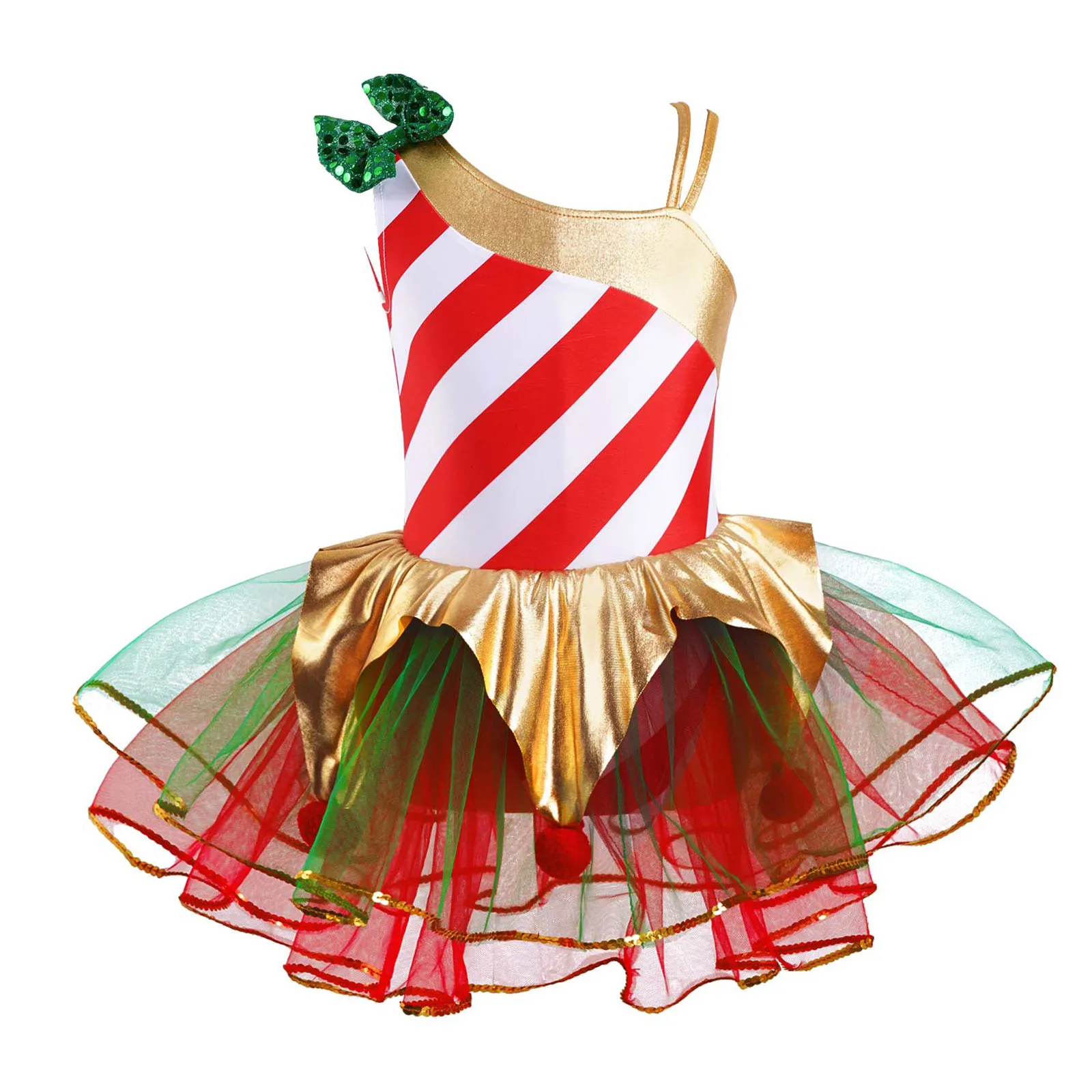 

Kid Girls Christmas Costume Asymmetrical Shoulder Sleeveless Glossy Striped Tutu Ballet Leotards Child Dancewear Lyrical Dress