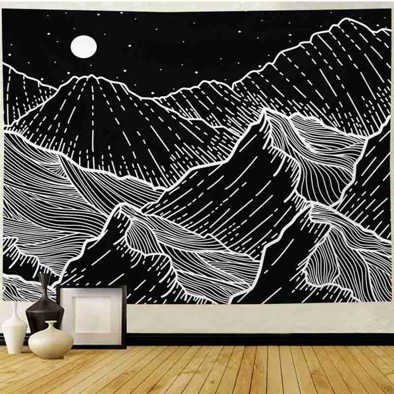 Психоделический гобелен скандинавский черный и белый цвет линия