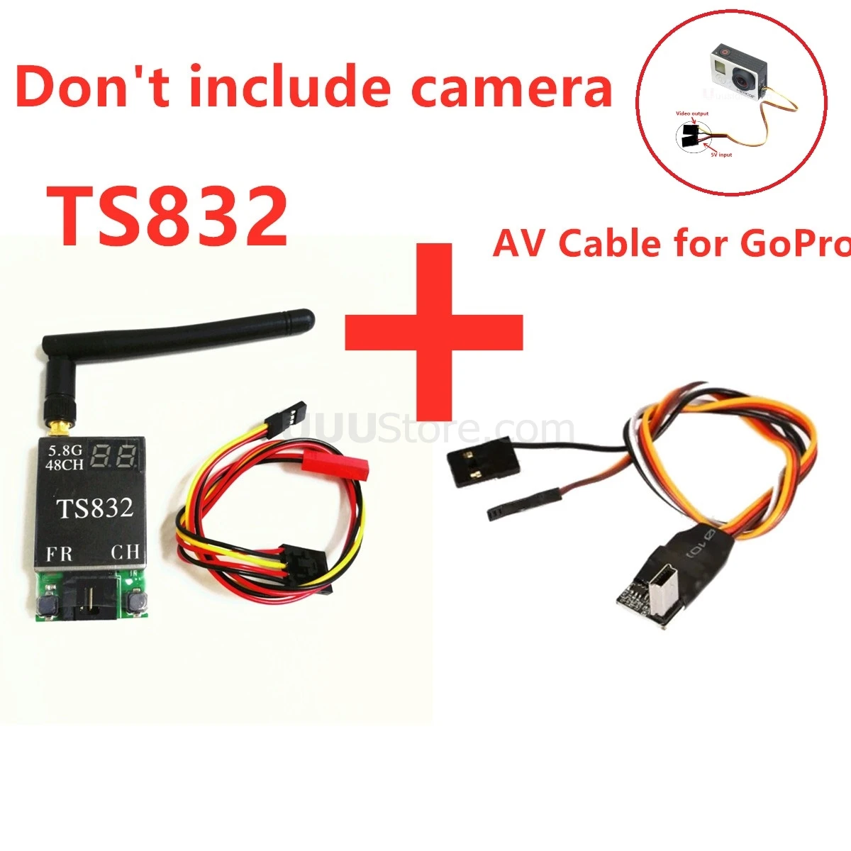 FPVOK TS832 FPV 5,8 ГГц 600 мВт 48CH AV передающий(TX) модуль с RP-SMA антенной для камеры SJCAM Gopro Xiaomi Yi FPV - Цвет: Add Gopro AV cable