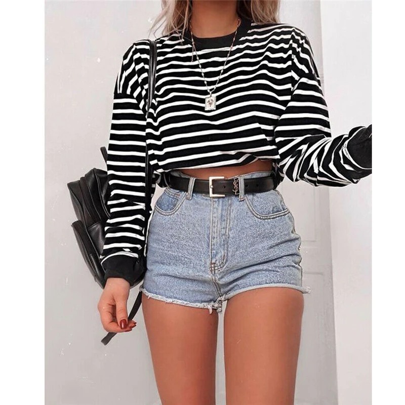 Осенние пикантные Для женщин для девушек длинный рукав топ с круглым вырезом