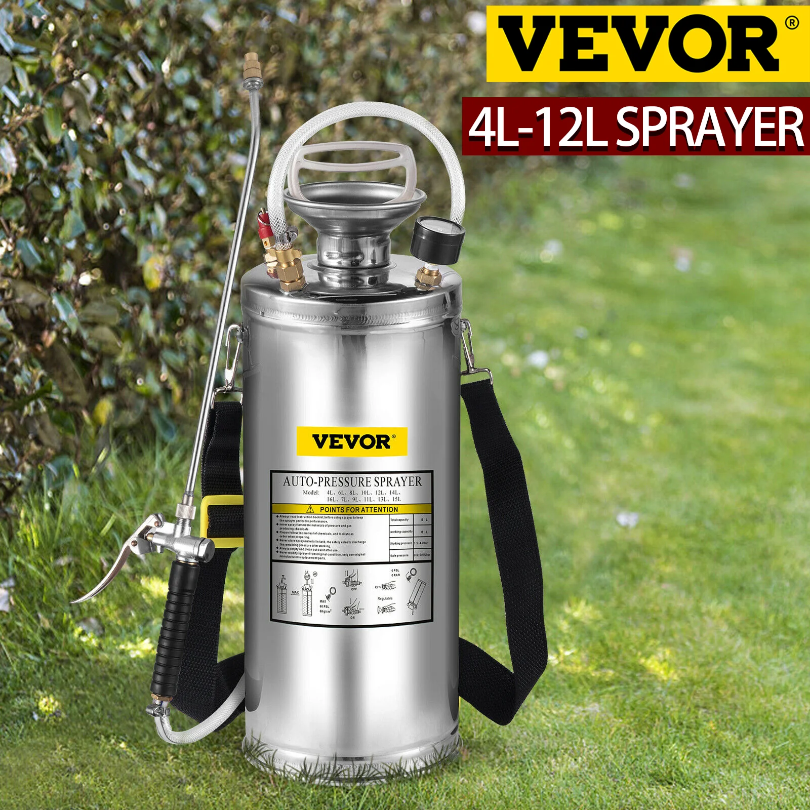 VEVOR 4-12L Hand Powered Sprayer Stainless Steel Watering Spraying Sprinkling Atomizer Pump Home Ground Garden Cleaning Sprayer