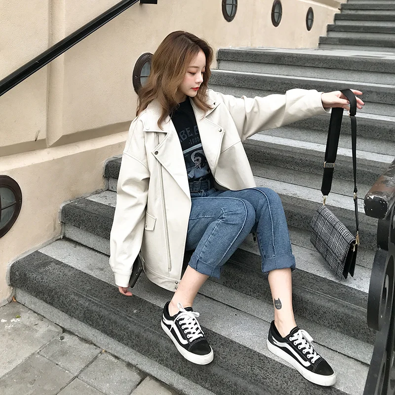 Pu Leather Jacket Women Fashion Bright Colors New Style Fried Street Beige Motorcycle Coat Short Faux Leather Biker Soft Female